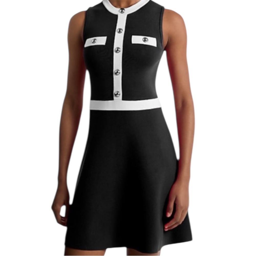 New Michael Kors Nee Black and White Dress with Silver Signature Buttons